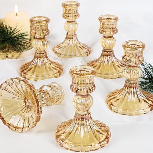 Taper Candle Holder Set of 6, Gold Candle Holder & Vintage Candlestick Holder, Glass Candlestick Holder for Table Centerpieces, Fall, Christmas, Autumn, Thanksgiving Decor - color: Gold, size: Stripe