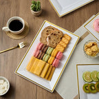 FOCUSLINE 8 PCS Plastic Serving Trays, White and Gold Rim Plastic Serving Platters, Disposable Tray for Food, Perfect for Wedding Parties - color: White