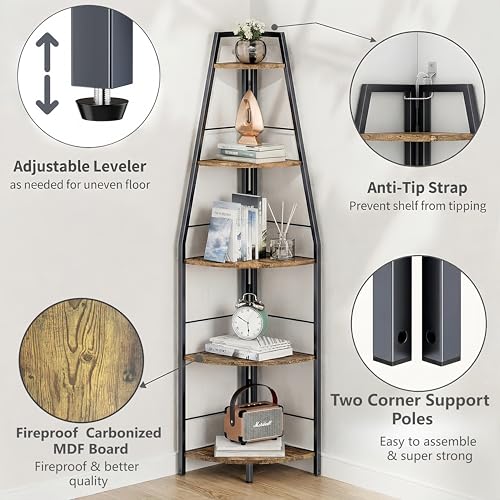 Gemfueque Versatile 66-Inch Tall Corner Shelf, 5-Tier Ladder Bookshelf, Easy Assembly Black Metal Frame Wood Shelf for Living Room, Bedroom, Home Office