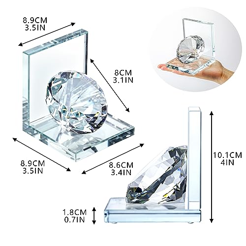 1 Pair Crystal Bookends with 80mm Clear Diamond, L Shaped Heavy Duty Book End for Shelves Non Skid Bookends Book Stopper, 4inch - color: Diamond