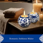 One Pair Classic Celadon Tealight Holder Set, Chinoiserie Blue and White Porcelain from Jingdezhen, Candle Holder for Housewarming Gifts and Home Decoration (W 3.54 in x H 2.76 in)