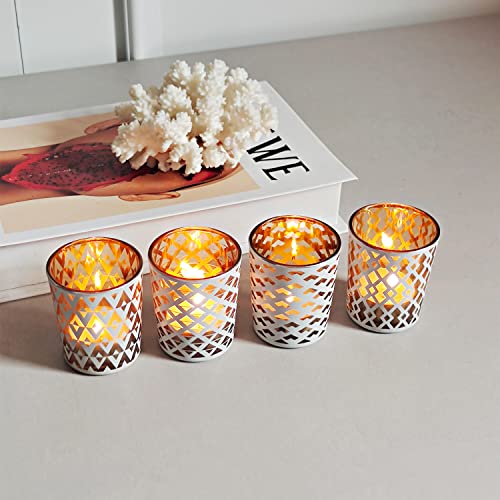 SHMILMH White and Gold Votive Candle Holders Set of 12, 4 Patterns Frosted Glass Tea Lights Candle Holders for Birthday Party Wedding Table Centerpiece Halloween - color: W&g 4 Patterns