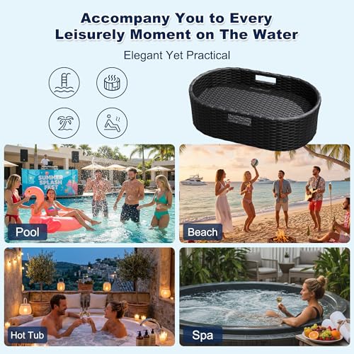 Devoko Floating Pool Tray Large PE Rattan Pool Serving Bar, Luxury Pool Floating Table with Handles for Pool Party, Hot Tub & Beach (Black) - color: Black, size: Medium