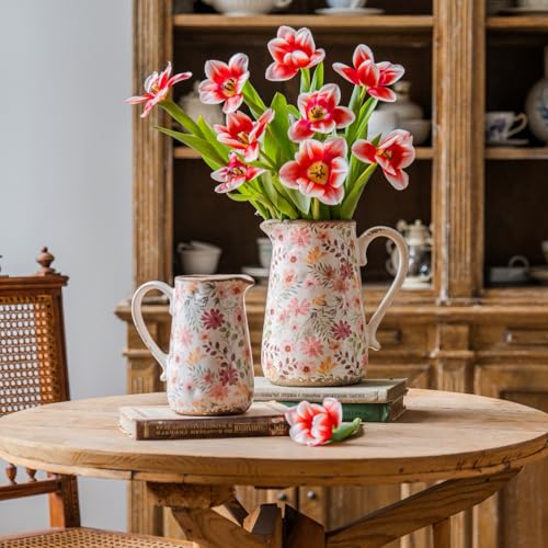 Vintage Colorful Daisy Flora Ceramic Vase with Handle, Retro Ice Glazed Crack Farmhouse Pitcher Vase for Home Decor, Living Room, Shelf, Office, Rustic Table Centerpiece 7 Inch - color: Colorful Daisy, size: Small Pitcher