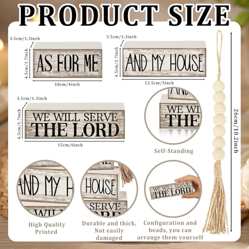 Yuntau 4 Pcs Farmhouse Bible Verse Decor Farmhouse Tiered Tray Decor Rustic Retro Wood Bead Garlands for Me and My House We Will Serve the Lord Block Christian Jesus Sign for Home Shelf Mantel - style: Bible Verse