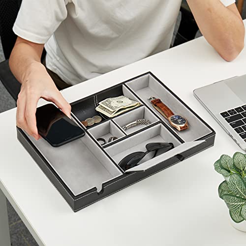 Baoyun Nightstand Organizer Tray,Leather Valet Tray for Men,EDC Catchall with Phone Charging Station,Dresser Top Organizer, 6 Compartments Entryway Box for Wallet, Keys, (Black) - color: Black