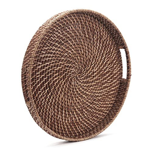 Round Rattan Woven Serving Tray with Handles Ottoman Tray for Breakfast, Drinks, Snacks for Coffee Table, Home Decorative (Honey Brown, 13.8"x2") - size: 13.8"