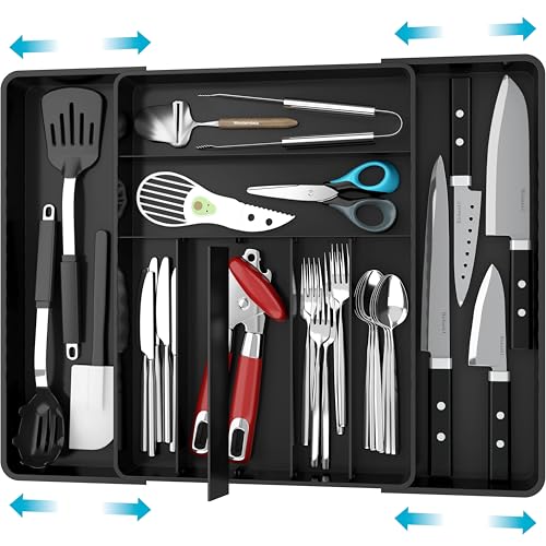 Simple Houseware Expandable Kitchen Drawer Flatware Organizer, Black – Adjustable Cutlery Tray with 9 Compartments for Utensils and Silverware - color: Black