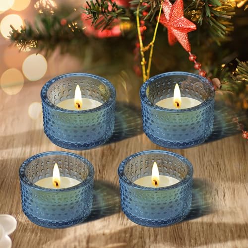 JOYIT Blue Votive Candle Holders Bulk Set of 4, Tealight Candle Holder for Wedding Table Centerpiece, Glass Small Candle Holders for Birthday Party, Valentine's Day, Home Decor (2''X 1.4'') - color: Embossed_blue