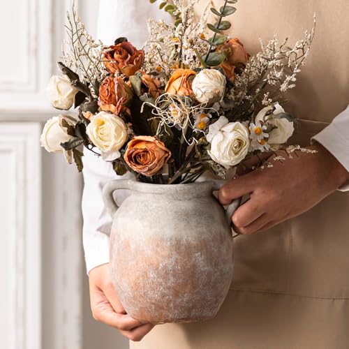 Dobbyby Ceramic Flower Small Vase 6 inch Farmhouse Rustic Vase Decorative Pottery Terracotta Vases for Home Decor Table Mantle Fireplace Living Room Bathroom Wedding Centerpiece - color: S-aged Terra