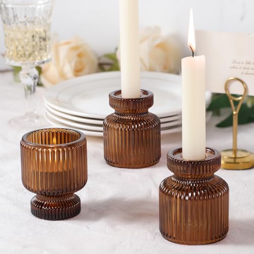 DARJEN 6 Pcs Amber Candlestick Holders - Glass Taper Candle Holders Tealight Votive Candle Holders for Table Centerpieces, Wedding, Dinner Party, Home, Gifts - color: Amber, size: 6Pcs