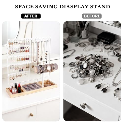Ciormis Jewelry Stand Holder, 5 Tier Earring Holder Organizer with 72 Holes and 12 Hooks Jewelry Tower Necklace Tree Stand Hanger Bracelets Holder Storage with Ring Tray for Women Girls Gift (White) - color: White-new
