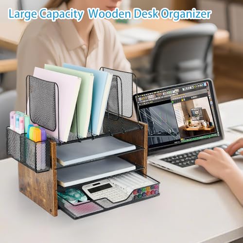 OPNICE Desk Organizer, 4-Tier Desktop File Organizer with Drawer and 2 Pen Holders, Office Desk Accessories, Workspace Organizers for Office Supplies(Brown Wood) - color: Brown Wood, size: 4-Tier Upgrade