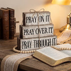Yuntau 4 Pcs Farmhouse Wooden Tabletop Decor Bible Verse Tiered Tray Decorations Rustic Religious Christian Gift Block Sign Pray on It Centerpiece for Easter Home Kitchen Shelf Office Desk Decor - style: Pray