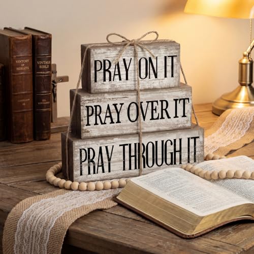 Yuntau 4 Pcs Farmhouse Wooden Tabletop Decor Bible Verse Tiered Tray Decorations Rustic Religious Christian Gift Block Sign Pray on It Centerpiece for Easter Home Kitchen Shelf Office Desk Decor - style: Pray