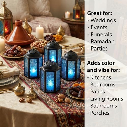 VELA LANTERNS Mini Moroccan Tea Light Candle Holder Lanterns – 4.25" Small Decorative Lantern for Table or Hanging, Metal with Glass Panels – Ramadan, Wedding, Home Decor, Aqua Blue (Set of 4) - color: Aqua Blue
