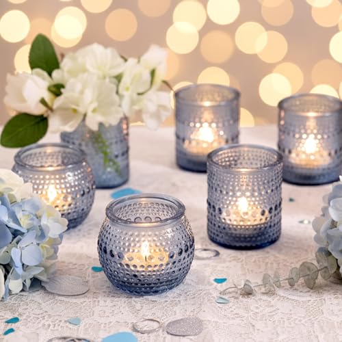 16 Pcs Blue Votive Candle Holders for Bridal Shower Decorations- Assorted Tea Light Candle Holders for Dusty Blue Wedding Decor, Baby Shower Table Centerpieces - color: Blue