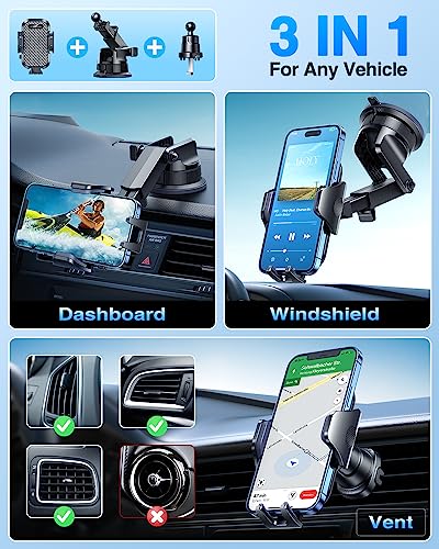 VANMASS Car Phone Holder [Upgraded Strongest Suction & Clip] Cell Phone Mount for Dashboard Windshield Vent Wall,Truck Cradle Stand for iPhone 17 Pro Max 16 15 14 13 12 11 SE Samsung S26 Android,Black - color: Black