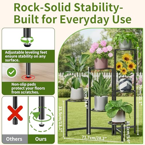 6 Tier Large Plant Stand Indoor with 7.9-Inch Wide Drainage Tray, Tiered Corner Metal Outdoor Flower Display Holder Shelf, Folding Tall Rack for House Patio Porch Balcony Graden - BlackS - color: BlackS, size: 6-Tiers