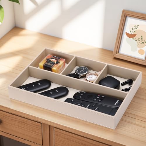 GORESE PU Leather Valet Tray, Stackable Jewelry Trays for Dresser, Drawer Nightstand Organizer Bedside Trays for Men Women, Entryway Desk Catchall Tray for Trinket, Key, Purse, Watch, Cologne, Beige - color: Beige