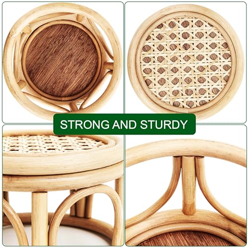 Set of 2 Small Boho Rattan Wicker Round Riser Plant Stand Indoor,Rustic Farmhouse Natural Wooden Circle Pedestal for Decor & Display, Tabletop, Office Decor - size: 6.0" & 8.0"