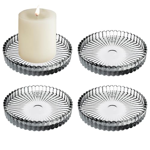 3.8 Inch Grey Glass Pillar Candle Holder Plates Set of 4 Coaster Holder Round Candle Stand for Table Centerpieces, Wedding,Party,and Home Decor - color: Gray