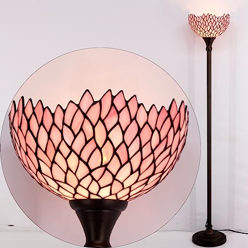 WERFACTORY Tiffany Floor Lamp Pink Stained Glass Wisteria Light 12X12X71 Inches Pole Torchiere Standing Corner Torch Uplight Decor Bedroom Living Room Home Office S523P Series
