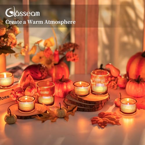 Glasseam Amber Glass Tealight Holders Set of 8 - Ribbed Small Votive Candle Holders for Table Centerpiece, Vintage Decor for Halloween Thanksgiving Party - color: Amber