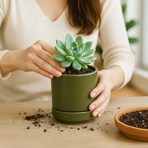 D'vine Dev Set of 2 Plants Pots, 4.7 Inch Ceramic Planter Pot for Plants with Drainage Hole and Saucer, Olive, 94-V-B-J - color: Olive, size: 4.7 Inch