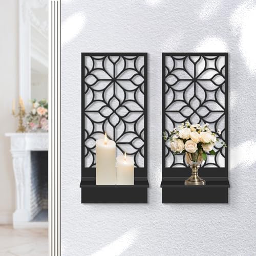 Glamativity Large 2 Pcs Set Black Metal Wall Sconce Candle Holder, 23 x 10'' Minimalist Retro Line Metal Wall Art Décor, 3D Textured Sculptures, Carved Metal Frame Wall Art Hanging for Living Room
