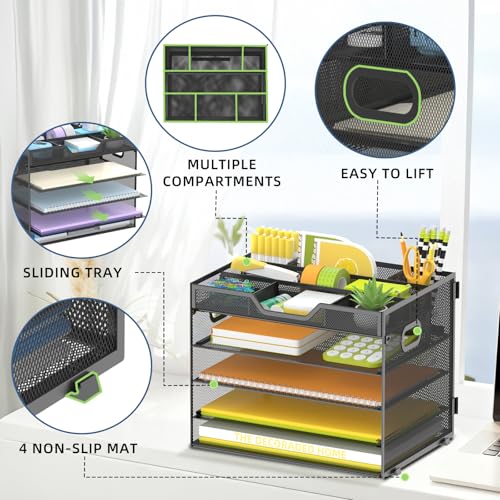 SUPEASY 5 Tier Desk Organizer, Mesh Letter Tray Paper Organizer with 4 Adjustable Storage Compartments & Pen Holder, Metal Desk Accessories for Home Office School, Black - size: 12.6" x 9.1" x 10.3"