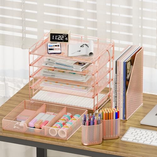 OPNICE Desk Organizer, 5-Tier Paper File Organizer with Drawer & Pen Holder, Office Desk Accessories, Workspace Desktop Organizer for Office Supplies(Rose Gold) - color: Rose Gold, size: 5-Tier