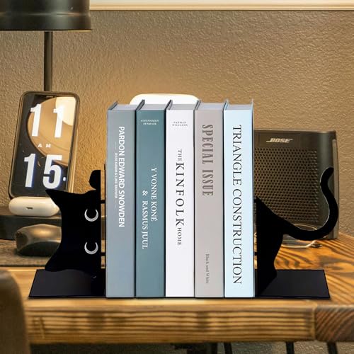 Book Ends Decorative,ENCIMART Book Ends,Metal Bookends,Book Holders for Shelves,Office Decorative Bookends,1.5mm Thickened Book Ends,Bedroom Library Office School Book Desktop Organizer Gift（Cat） - color: Cat