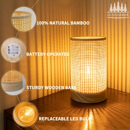 LUSHARBOR Battery Operated Lamp Boho Rattan Table Lamp with Timer, Battery Powered Lamp Bedside Cordless Accent Lamp for Livingroom/Entryway/Tabletop Decor Beige - style: LATTICE