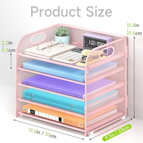 Cawukege 5 Tier Paper Organizer with Handle, Pink Metal Mesh Desk Organizer File Folder Paper Letter Tray Desktop Document Sorter for Classroom, School, Office Accessories Organization and Storage - color: Pink