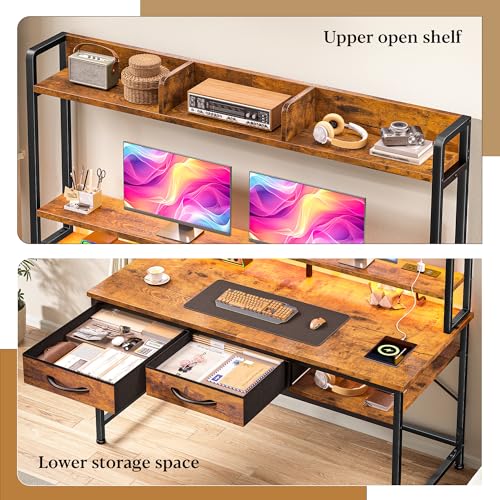 47.2"Office Desk with 2Drawers&Hutch,Computer Desk with Storage Rack&Monitor Stand,Gaming desk with LED&Power Outlet,Modern Study Writing Desk for Bedroom Home Office,Small Space,Rustic Brown - color: Brown, size: 18.9"D x 47.2"W x 61.1"H