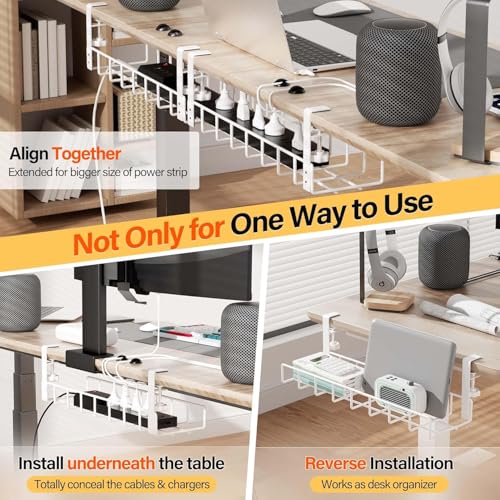3 Pack Cable Management Under Desk Tray, 47.1" No Drill Under Desk Wire Management with Upgraded Clamp, Metal Cord Organizers with Cable Organizers, PC Cord Organization Rack, White - color: White, size: 3 Pack (Standard)