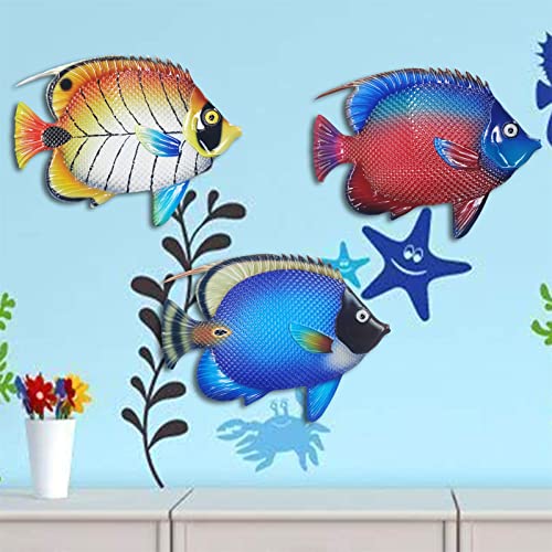 John's Studio Metal Fish Sea Wall Decor Outdoor Garden Hanging Art Sculptures Home Ocean Theme Decorations for Kitchen Bathroom and Pool - 3 PCS - color: Fish 3PCS