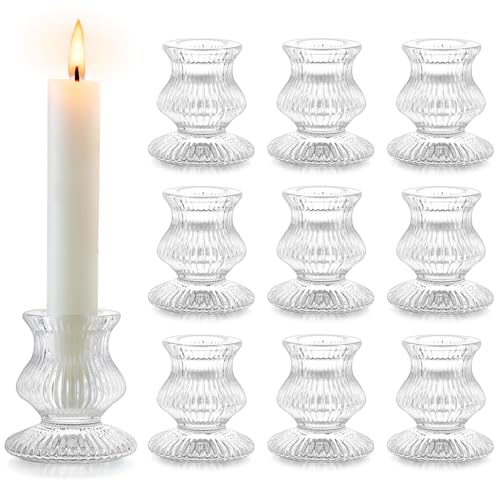 Romadedi Glass Candle Holder for Candlestick - 10 Pcs Clear Small Tapered Candle Holder Decor Bulk Wedding Table Centerpiece for Candle Sticks Christmas Party Living Room Dinner Advent - color: Clear, size: 10 Pcs