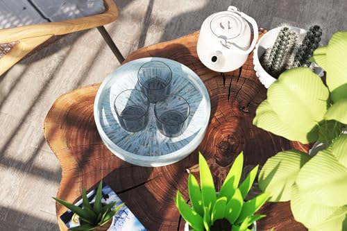 PEMAR 12.6” Mother of Pearl Round Serving Tray with Handles, Decorative Nacred Wooden Ottoman Coffee Table Tray (Teal Sunlight) - color: Teal Sunlight