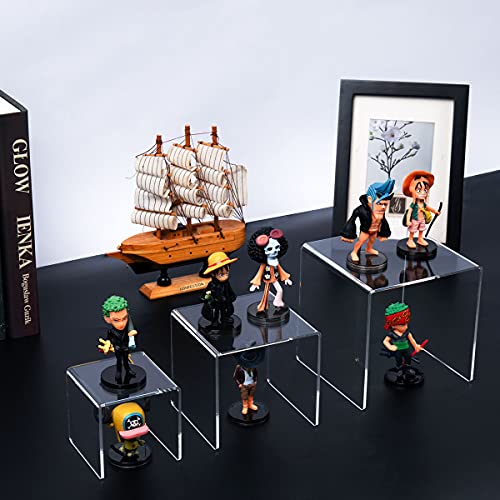 HIIMIEI Clear Acrylic Display Risers 2 Sets, 3-Tier Risers Stands Showcase for Amiibo Funko Pop Figures, Dessert, Jewelry-3"x4"x5" - size: 3"x4"x5"
