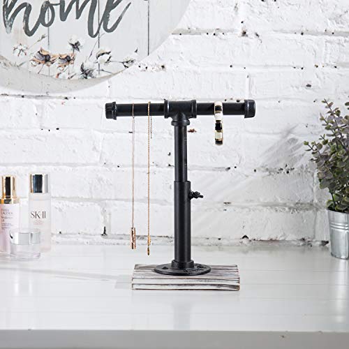 MyGift Industrial Pipe Black Metal T-Bar Adjustable Height Jewelry, Bracelet & Necklace Display Stand with Torched Wood Base - color: Black / Torched Wood