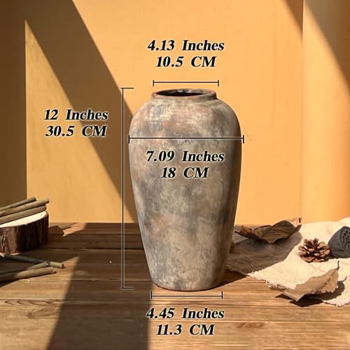 12 Inch Vintage Farmhouse Decor Ceramic Rustic Vase, Handmade Brown Flower Vases for Centerpieces, Living Room & Kitchen Shelf Decorative Pottery Vase for Home Decor - color: Brown, size: Small