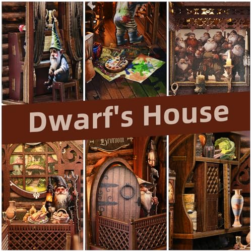 TOYQI Book Nook Kit, Book Nook Kits for Adults, DIY Miniature Dollhouse Kit 3D Wooden Puzzle Booknook Bookend with LED Light - style: Dwarfs's House