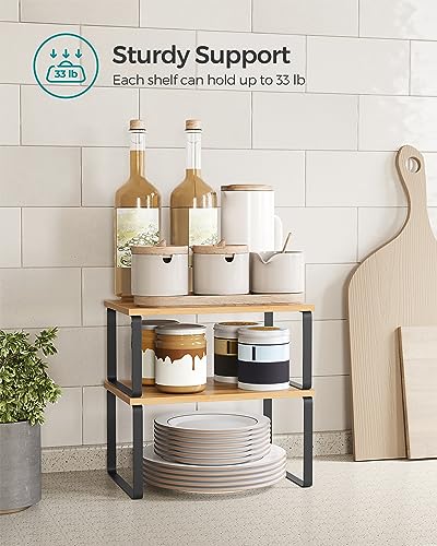 SONGMICS Cabinet Organizer Shelf, Set of 2 Kitchen Counter Shelves, Kitchen Storage, Spice Rack, Stackable, Expandable, Metal and Engineered Wood, Ink Black and Natural Beige UKCS02NB - color: Ink Black + Natural Beige, size: 11.7"W