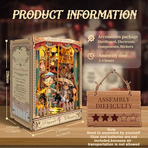 Roroom DIY Book Nook Kit, DIY Dollhouse Bookshelf Insert Decor Alley,3D Wooden Puzzle with LED Lighting Book Nook Wood Bookend Model Building(SQ33) - color: Sq33-puppet Theater