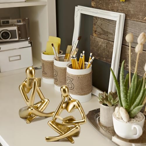 Prettidecor Thinker Statue Set of 2, Abstract Art Reading Sculpture Figurine, Modern Aesthetic Home Decoration for Living Room Bedroom Office Shelves Coffee Table Desk Bookshelf Decor (Gold) - color: Gold