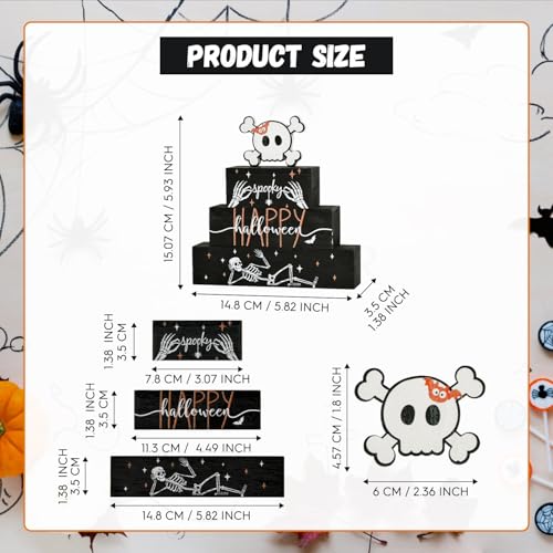 Smile 4 Pcs Wooden Blocks Signs, Happy Halloween Indoor Decorations, Skull Farm Decor Spooky Rustic for Home Table Shelf and Kitchen - style: Skull