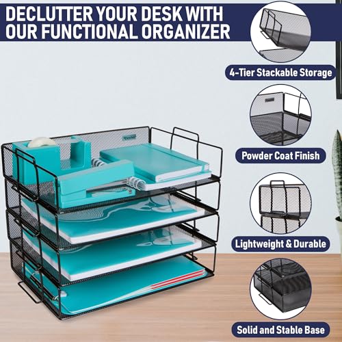 Stackable Paper Tray Desk Organizer, 4-Tier Metal Mesh Letter Organizers for Business, Home, School, or Store Use, Organizes Files, Folders, Letters, Paper, Binders, Multi-Functional Desktop Storage - color: Black