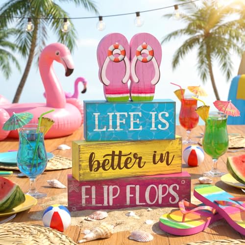 Yuntau 4 Pcs Summer Decorations for Office Hawaii Table Decorations Wooden Sign Flip Flops Table Centerpiece Summer Tiered Tray Decor Decorative Faux Book Stack Block for Coffee Mantel Floating Shelf - style: Pink Flip Flops